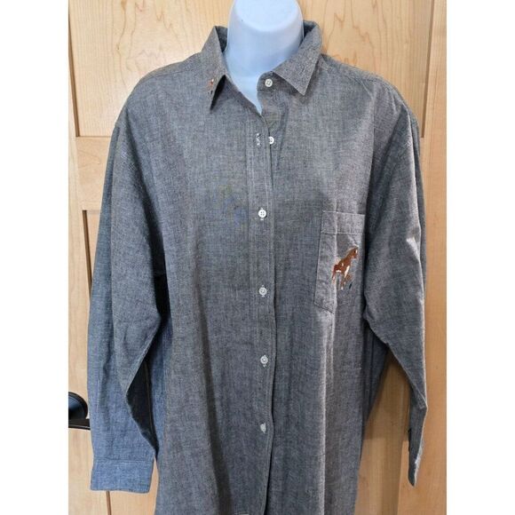 Vintage Gray Button-Up Shirt W Horse Embroidery Long Sleeve Cotton-Linen Blend - Picture 2 of 9